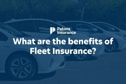 Image of a fleet of Toyota Prius IV cars lined up in a car park. The image is overlayed with a transparent blue colour, with text on top that reads: 'What are the benefits of fleet insurance?' underneath the Patons Insurance logo