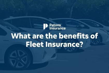 Image of a fleet of Toyota Prius IV cars lined up in a car park. The image is overlayed with a transparent blue colour, with text on top that reads: 'What are the benefits of fleet insurance?' underneath the Patons Insurance logo
