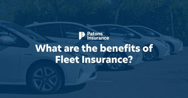 Image of a fleet of Toyota Prius IV cars lined up in a car park. The image is overlayed with a transparent blue colour, with text on top that reads: 'What are the benefits of fleet insurance?' underneath the Patons Insurance logo