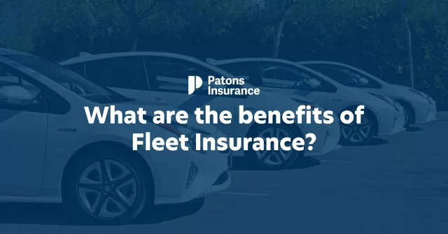 Image of a fleet of Toyota Prius IV cars lined up in a car park. The image is overlayed with a transparent blue colour, with text on top that reads: 'What are the benefits of fleet insurance?' underneath the Patons Insurance logo