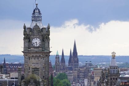 Edinburgh skyline featuring landmarks, including Balmoral Hotel clock tower