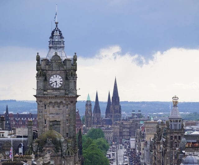Edinburgh skyline featuring landmarks, including Balmoral Hotel clock tower