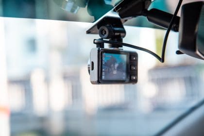 Car video camera attached to the windshield to record driving and prevent danger from driving. Dashcams and CCTV in taxis.