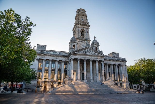 PORTSMOUTH, UK - JULY 19 2015: Portsmouth Guildhall building in Guildhall Square Southsea Portsmouth England