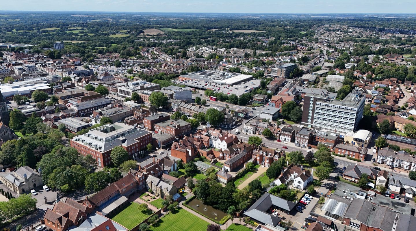 Brentwood Essex UK Town centre high angle establishing aerial shot