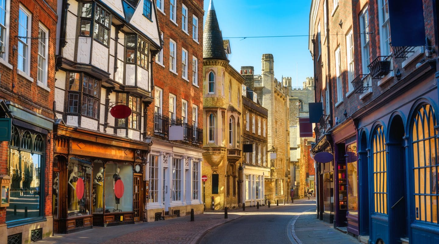 Historical Trinity street in Cambridge Old town center, England, United Kingdom