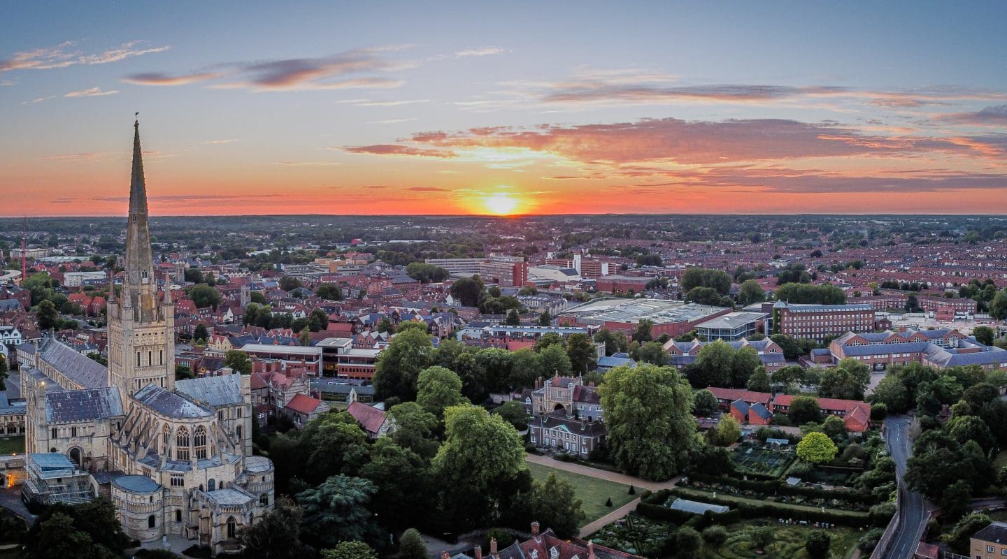 Ariel view of Norwich, sunset over the city