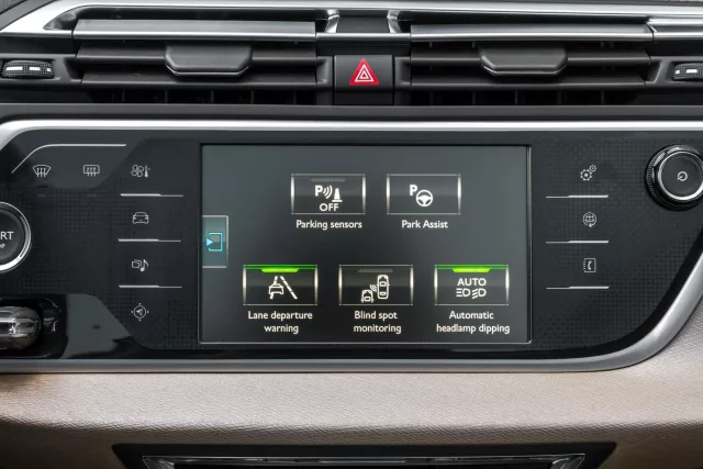 Close up shot of a modern car displaying electronic vehicle safety systems