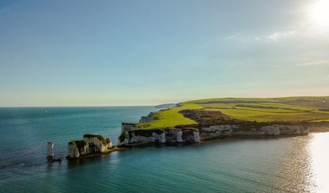 Aerial Old Harry Rocks white cliffs aerial bournemouth, England, United Kingdom
