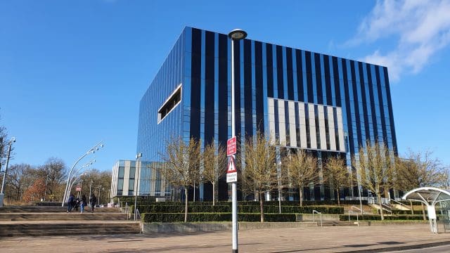 Corby Cube, modern glass building, offices, street view.