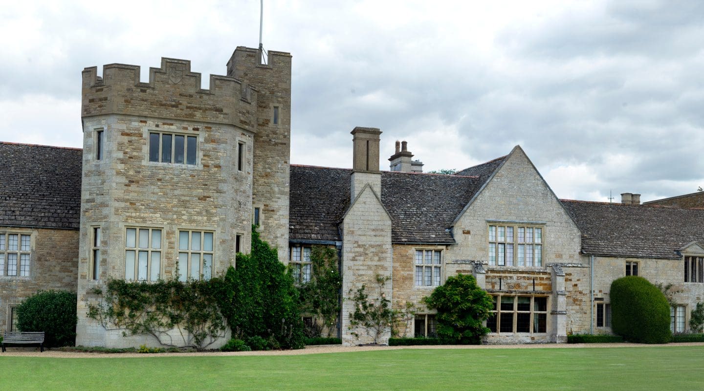 Rockingham Estate near Corby, Castle, old buidings with summer garden