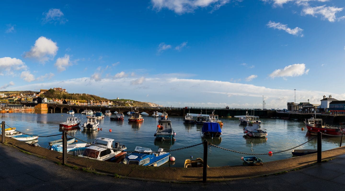 Panorama of the inner harbour at Folkstone at high tide