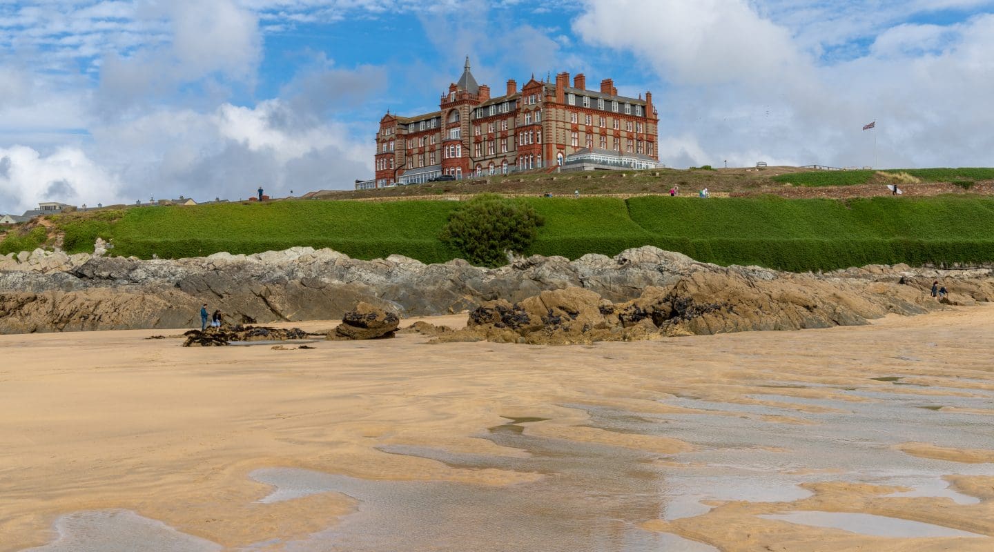 iew of the historic Headland Hotel and Spa near Fistral Beach in Newquay