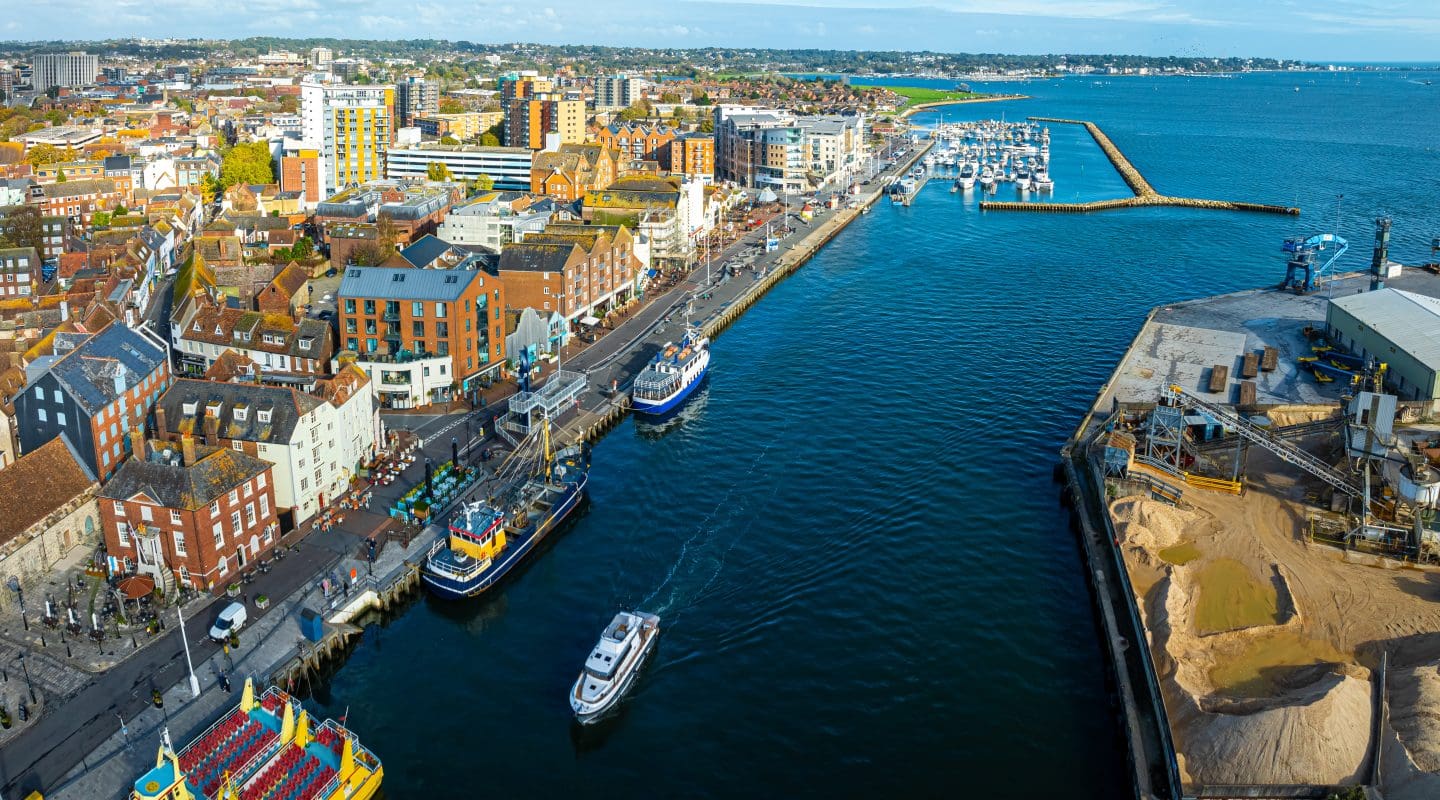 Aerial view of Poole, a coastal town in Dorset, southern England, known for its large natural harbour and sandy beaches, UK