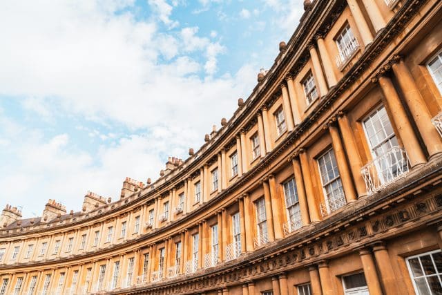 The Circus - the iconic British style architecture buildings. The historic street of large townhouses in the city of Bath, United Kingdom.