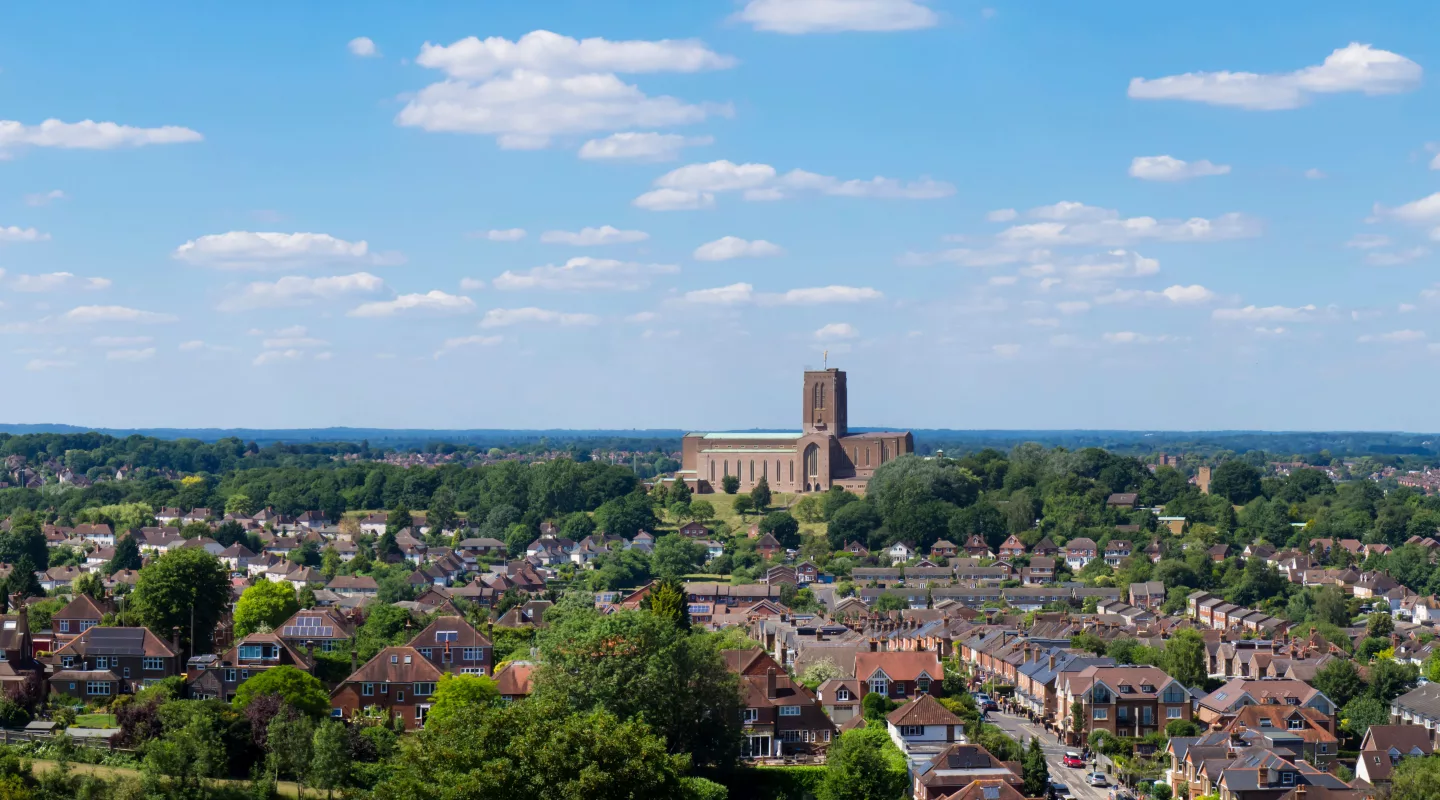 Panorama view of Guildford, featuring its cathedral