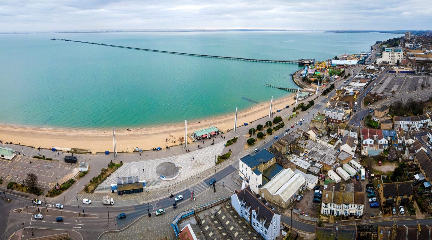 Aerial view of the Southend Pier, a major landmark in Southend-on-Sea