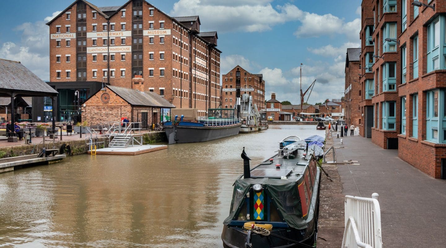 Victoria Basin with the National Waterways Museum in the background, Gloucester Docks.