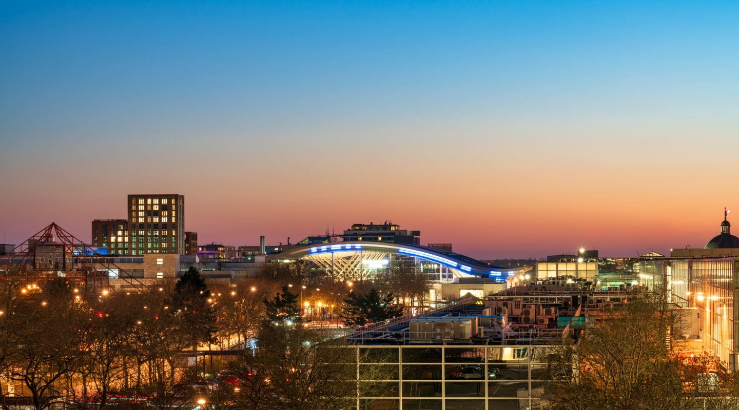 Aerial view of Milton Keynes downtown at sunset. England