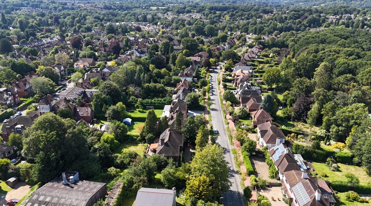 Aerial view of houses and streets in Tunbridge Wells, Kent