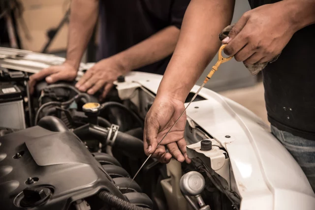 Mechanic checking level of new engine oil