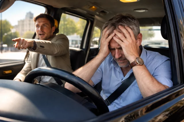 stressed black cab taxi driver with passenger pointing