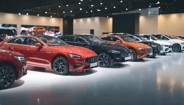 A brightly lit modern car dealership showroom displaying a lineup of cars in red, black, orange, and white. The vehicles are parked side by side on a glossy showroom floor under ceiling spotlights.