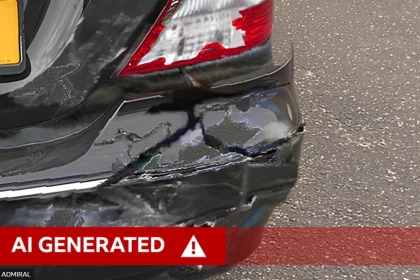 A genuine fake AI insurance claim from Admiral. Image shows the rear of a car with its damage exaggerated by generative AI.