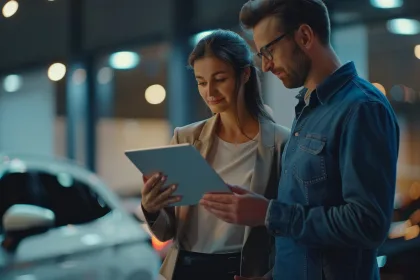 a man and a woman stood next to eachother looking at an ipad with a car in the background