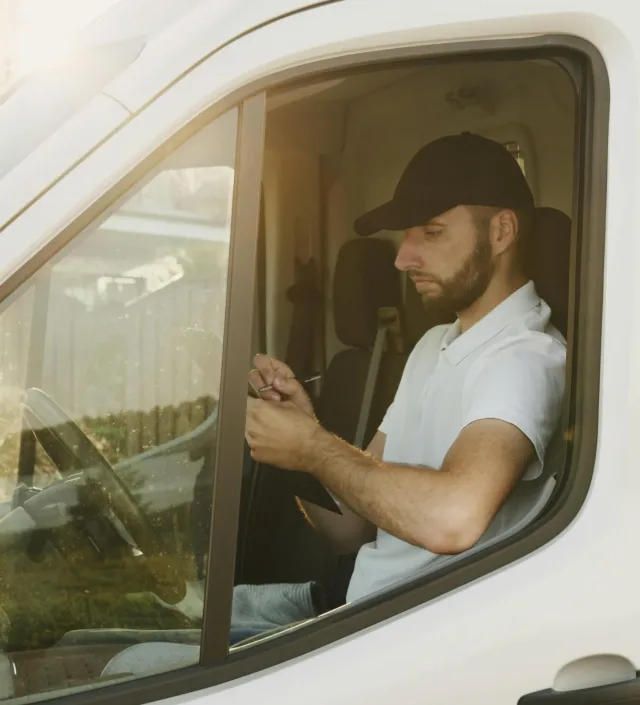 man sat in white van with black cap on