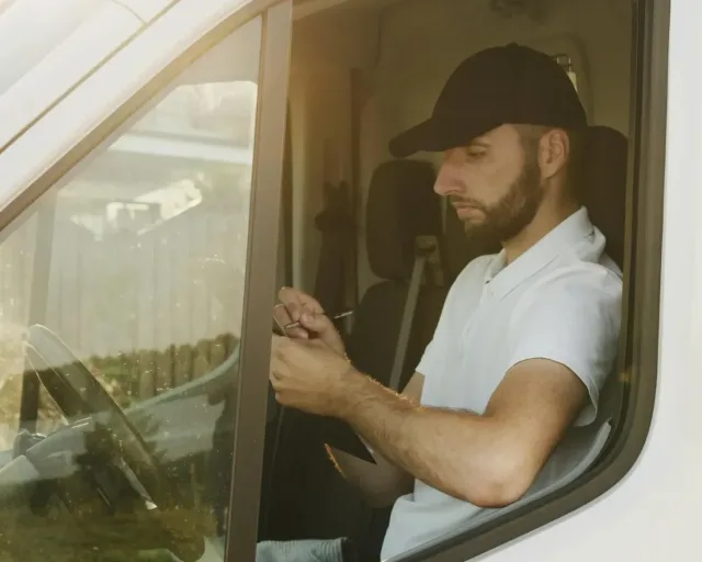 man sat in white van with black cap on