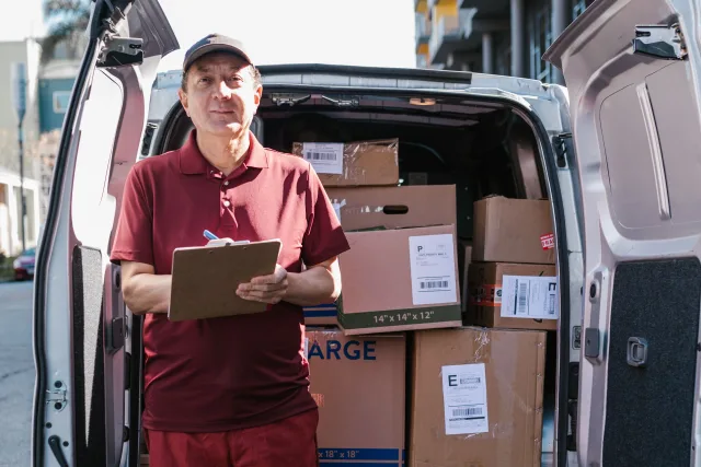 back of a van with doors open displaying a pile of cardboard boxes inside. a man in uniform stands in front of it with a clipboard in hand