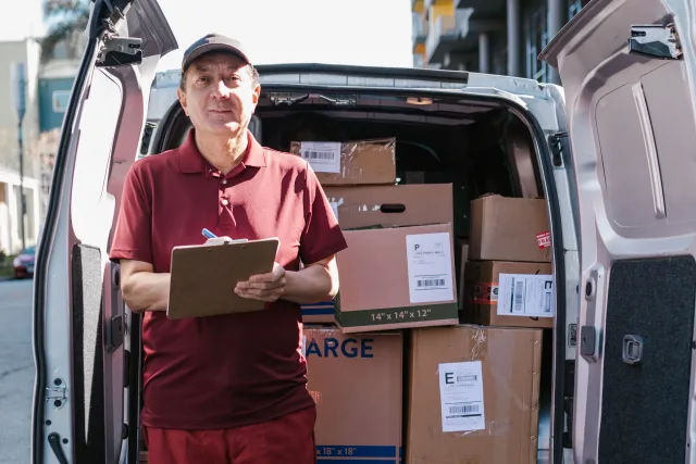 back of a van with doors open displaying a pile of cardboard boxes inside. a man in uniform stands in front of it with a clipboard in hand