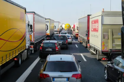 cars and hgvs queueing in traffic on the motorway