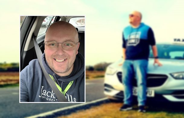 overlay of taxi driver martin wells pictured smiling in his taxi with a photo of him posing in front of his taxi in the background